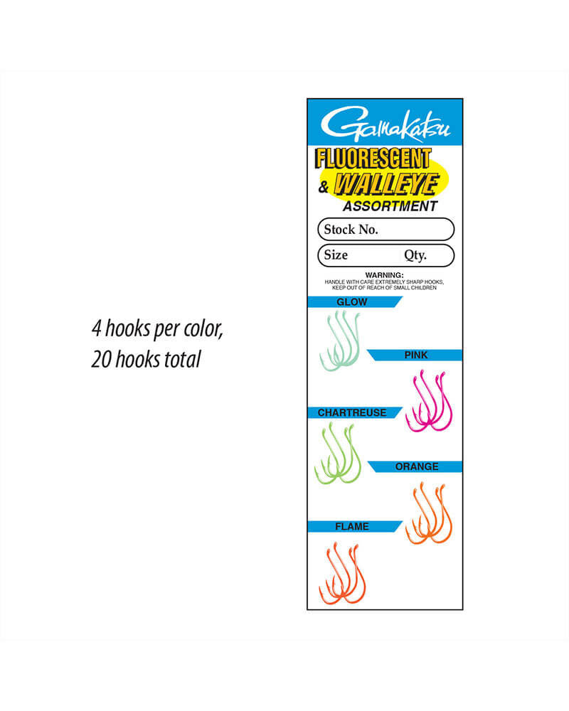 Gamakatsu Fluorescent Walleye and Steelhead Hook Assortment - 20 Pack 02706 - #6