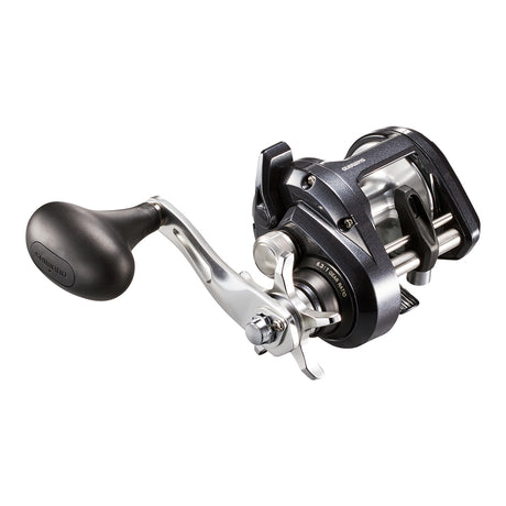 Shimano Tekota A conventional trolling reel with power handle, black and silver finish