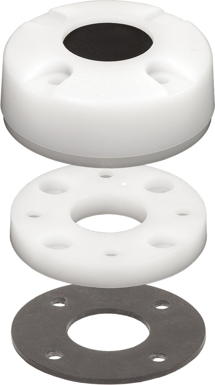 Three circular components, two white and one gray, stacked on a white background.