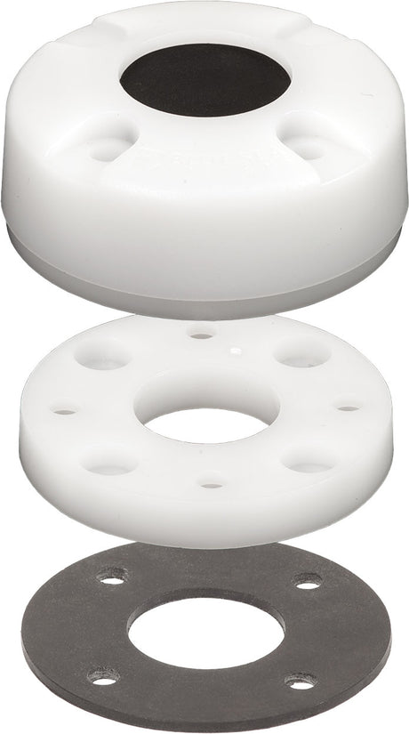 Three circular components, two white and one gray, stacked on a white background.