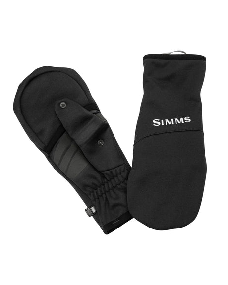 Black mittens with 'Simms' branding on a white background