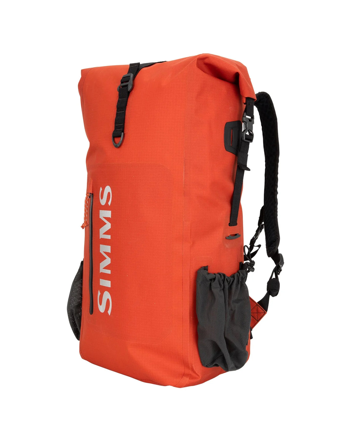 Orange backpack with black straps and Simms logo on a white background