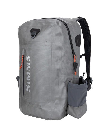 Gray backpack with visible branding on a white background