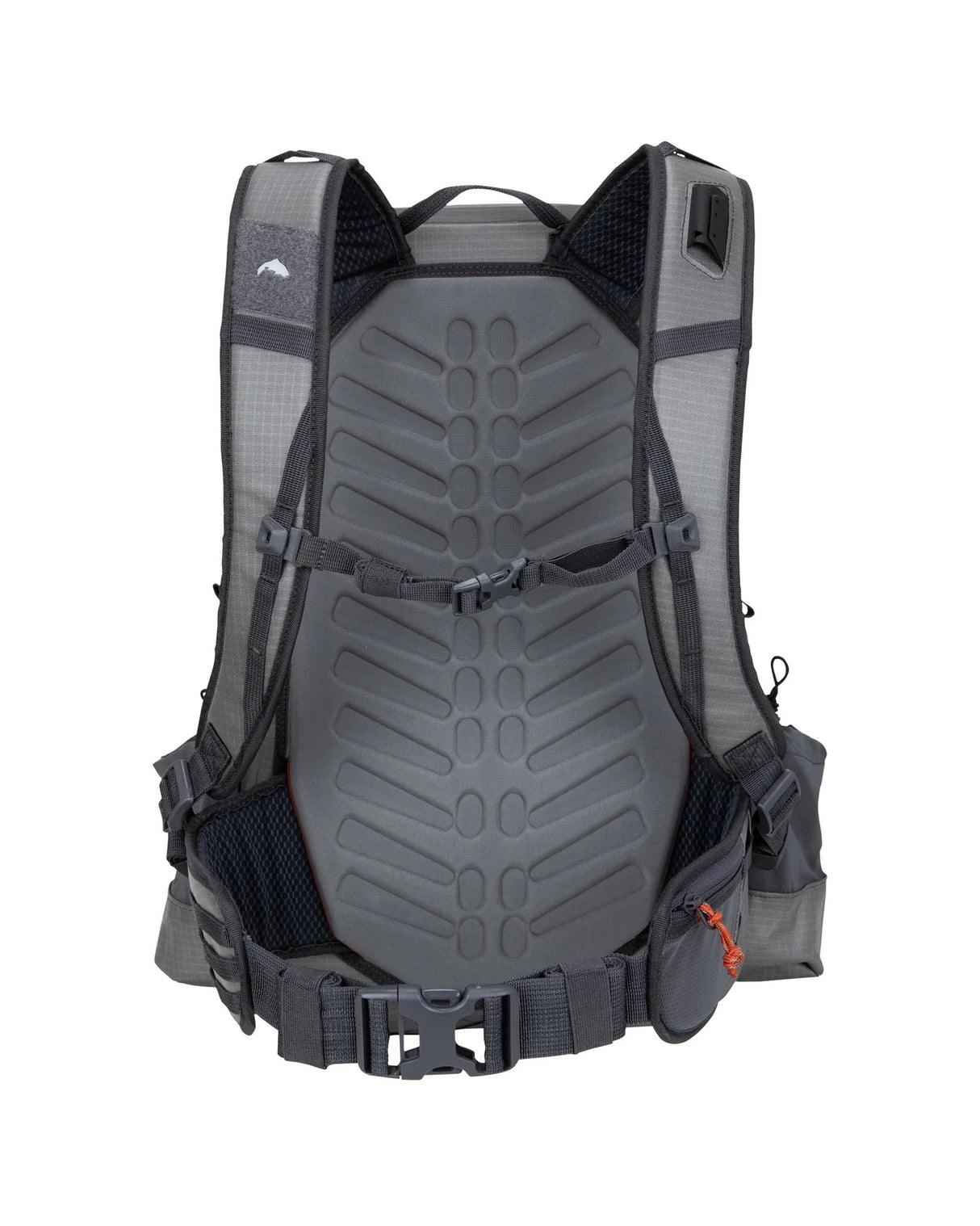 Gray backpack with a textured back panel on a white background