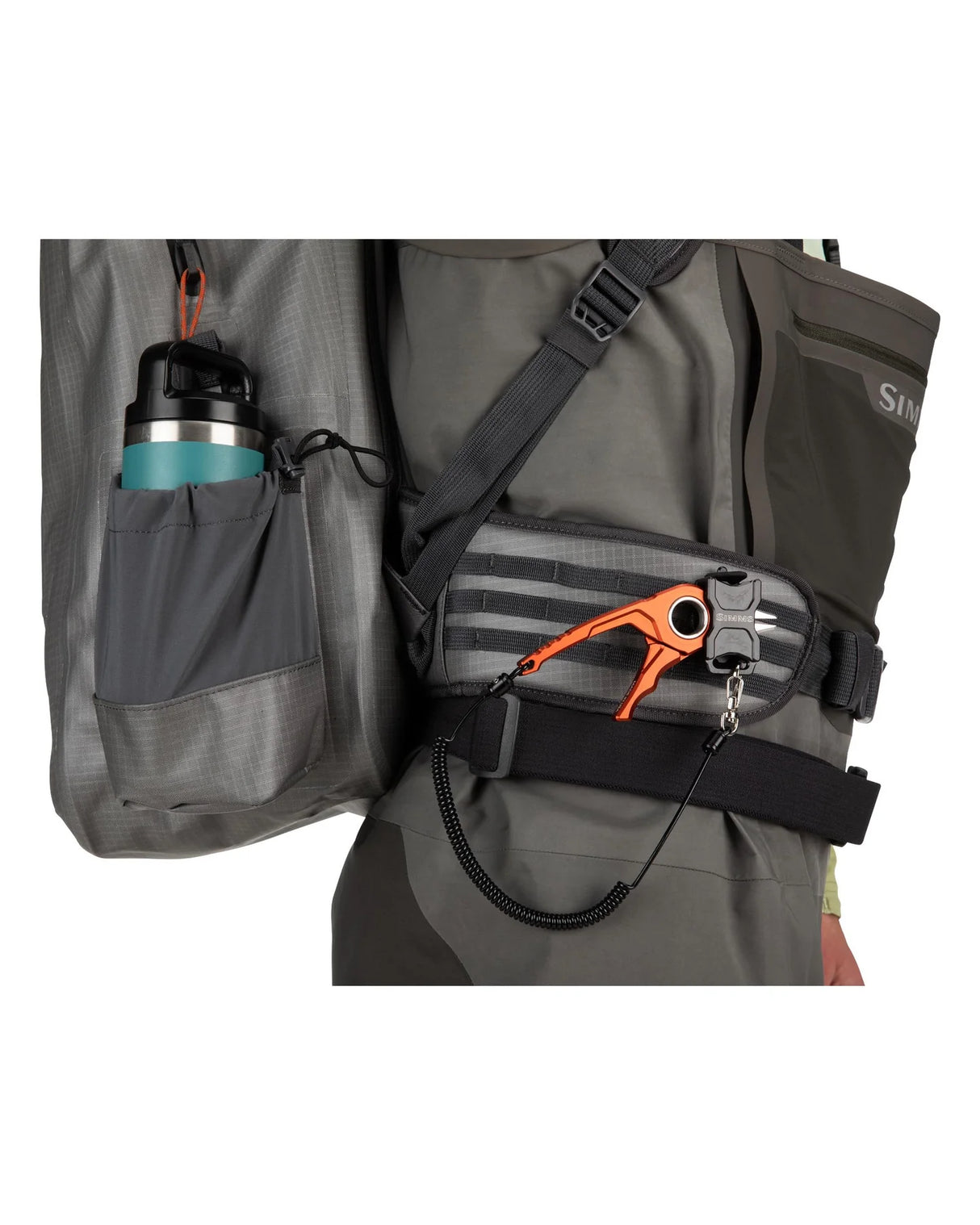 Gray backpack with a water bottle holder and orange climbing device on a white background