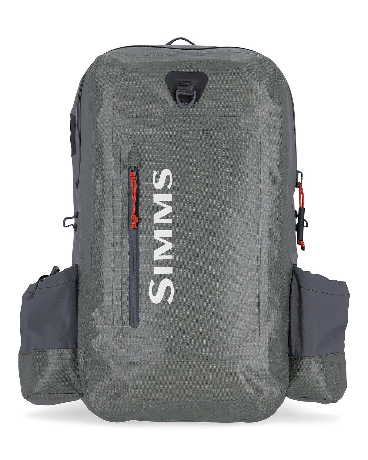 Gray backpack with SIMMS logo on a white background
