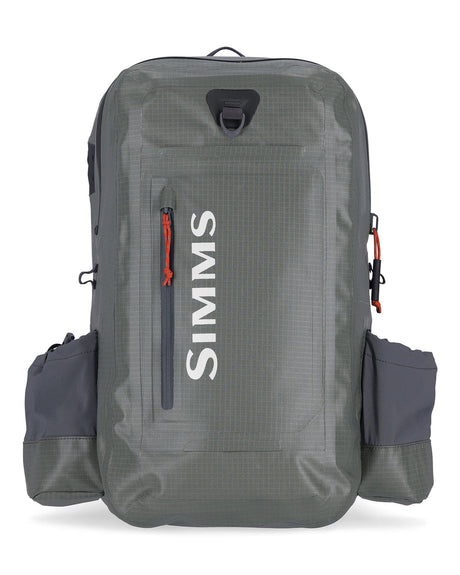 Gray backpack with SIMMS logo on a white background