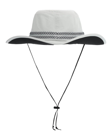 Wide brim solar sombrero hat in light grey with patterned band and adjustable chin strap on white background