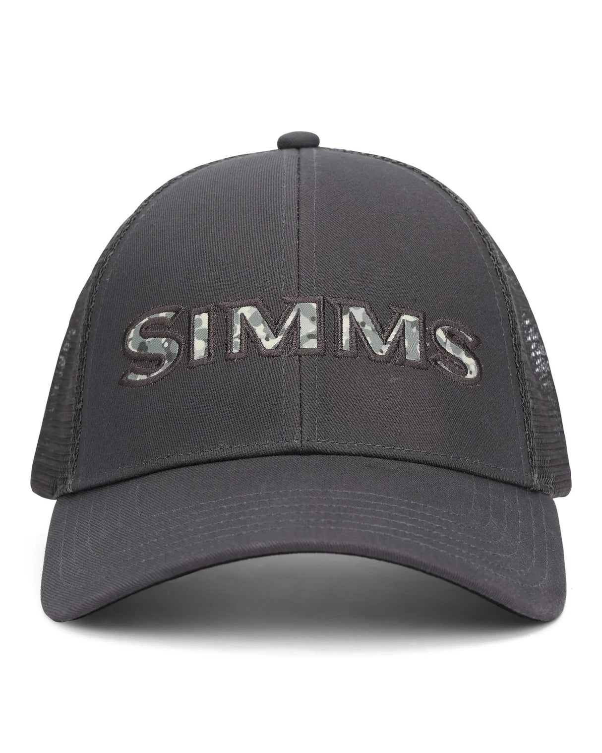 Black cap with 'Simms' logo on a white background