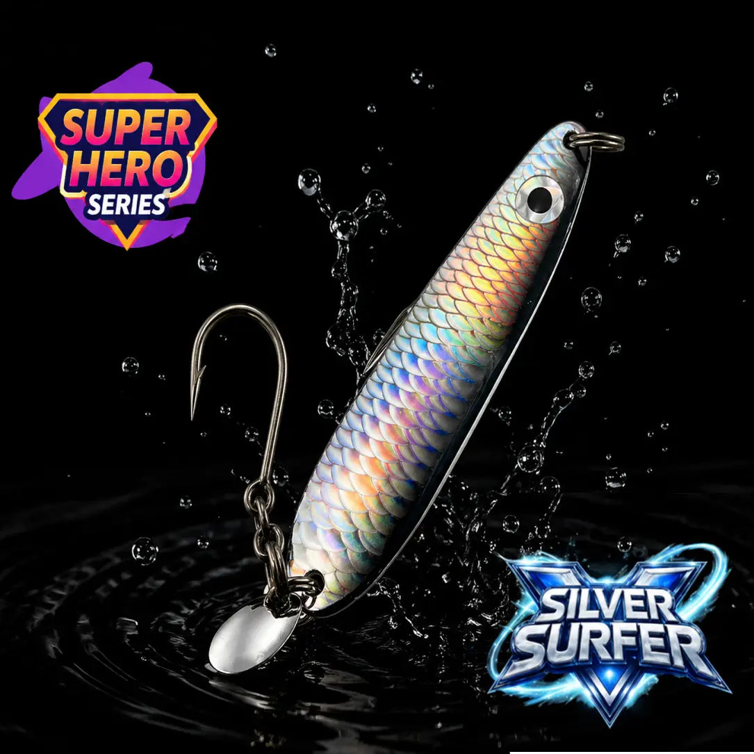 Fishing lure with 'Super Hero Series' and 'Silver Surfer' branding on a dark water background.