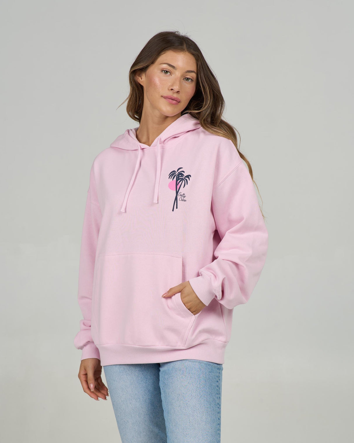 Front view of the Geo Palm Hoody - Pink Skies.