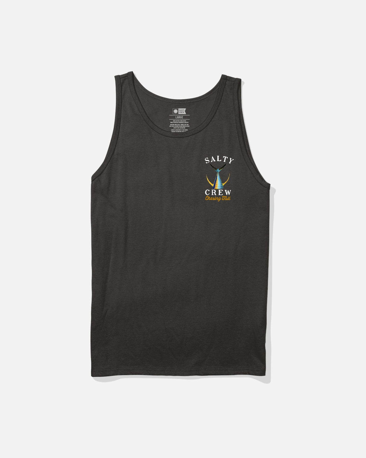The Salty Crew Tailed Tank - Black is a soft spun cotton t-shirt tank featuring a small screenprint logo with two fish hooks and "Company 2014" on the left chest, shown against a plain white background.