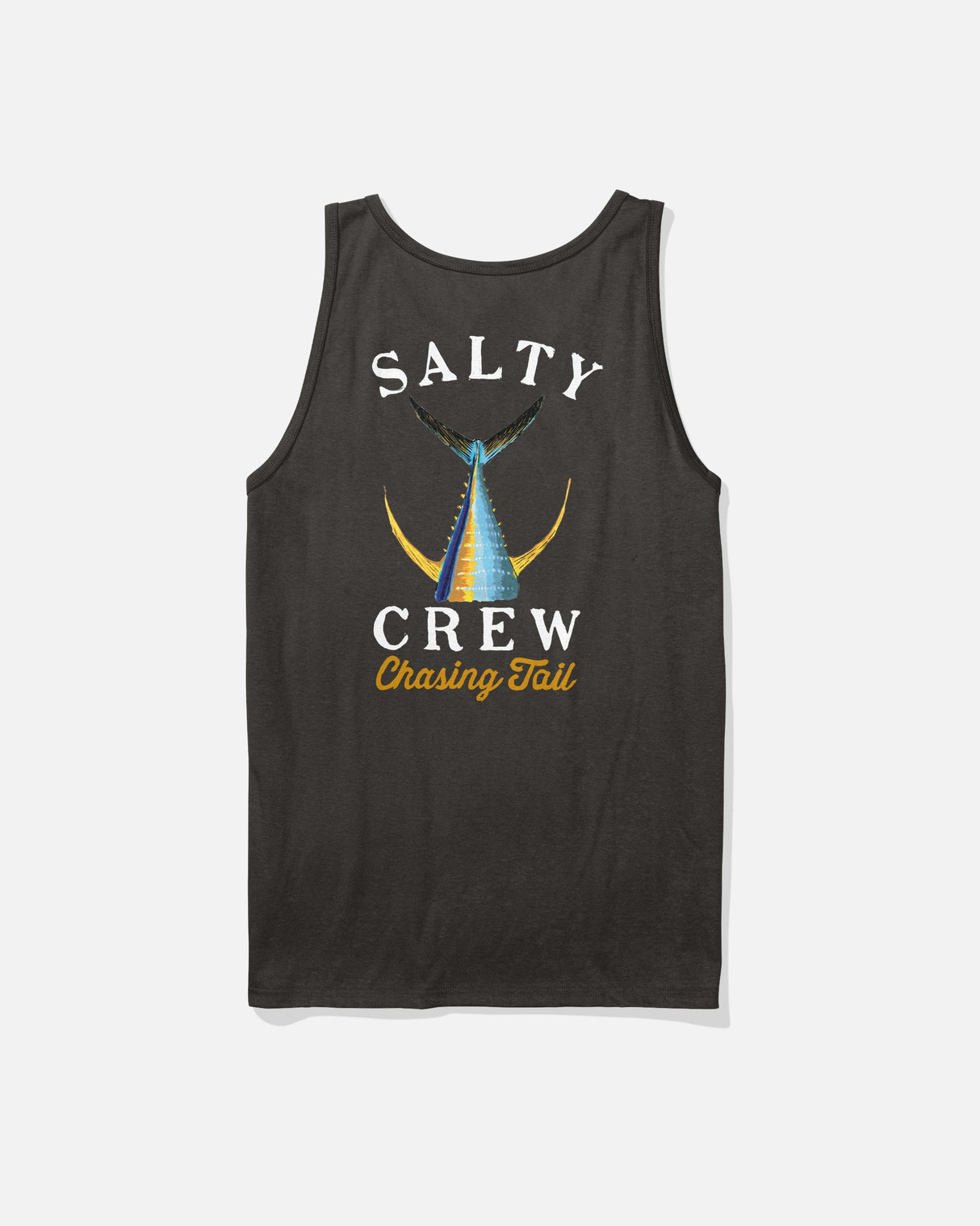 The Salty Crew Tailed Tank in black is a cotton t-shirt tank top featuring "Salty Crew Chasing Tail" and a screenprint of a fish tail above ocean waves on the back.