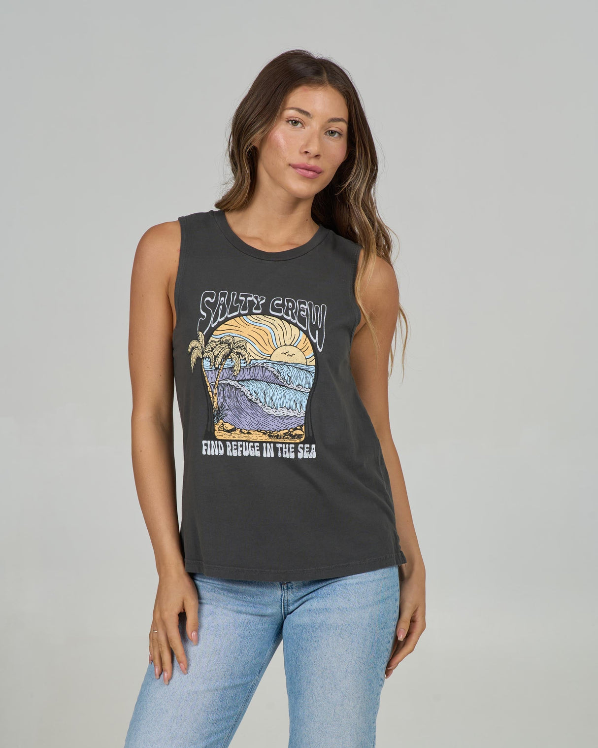 Front view of the Keyhole Muscle Tank - Charcoal.