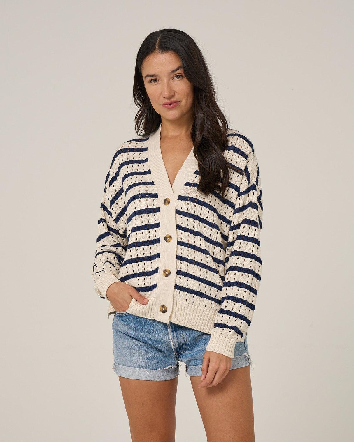 Front view of the Captains Cardigan - Off White.