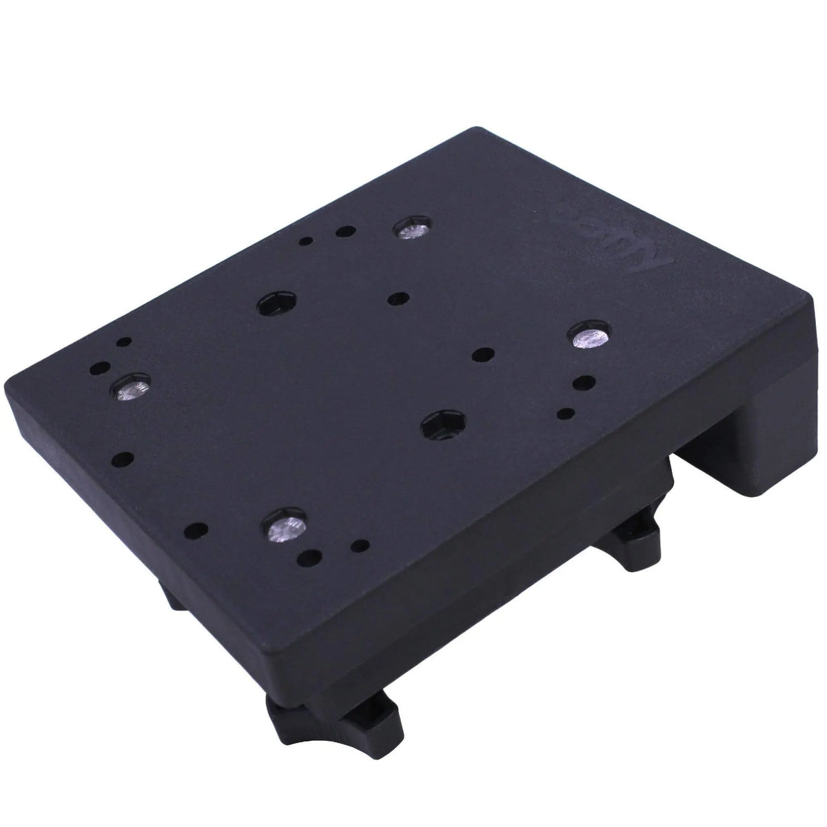 Black metal mounting plate with multiple holes on a white background