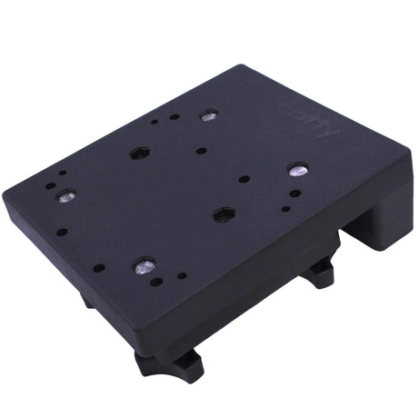 Black metal mounting plate with multiple holes on a white background