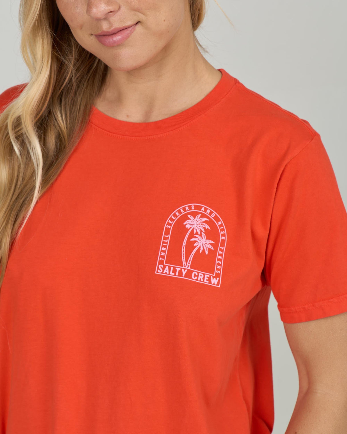 Close up front view of the Archway Boyfriend Tee - Chili Pepper.