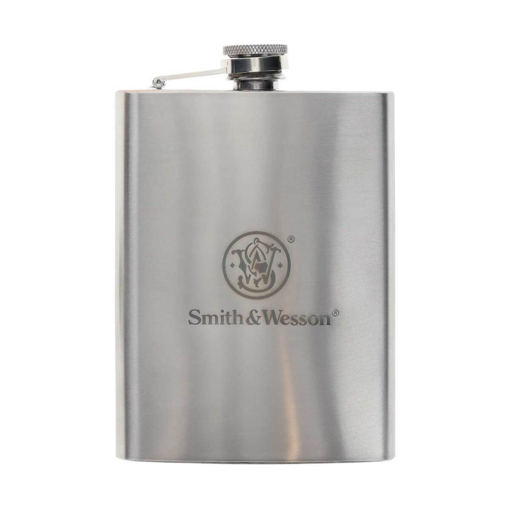 Stainless steel flask with Smith & Wesson logo on a white background