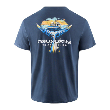 Navy blue t-shirt with a colorful graphic and 'Grundéns' branding on the back.