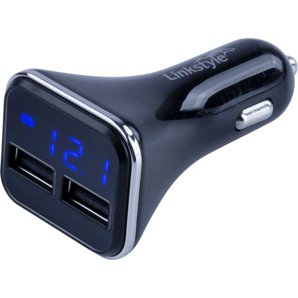 Linkstyle dual USB car charger with digital voltage display and 12V socket plug, black finish with chrome trim