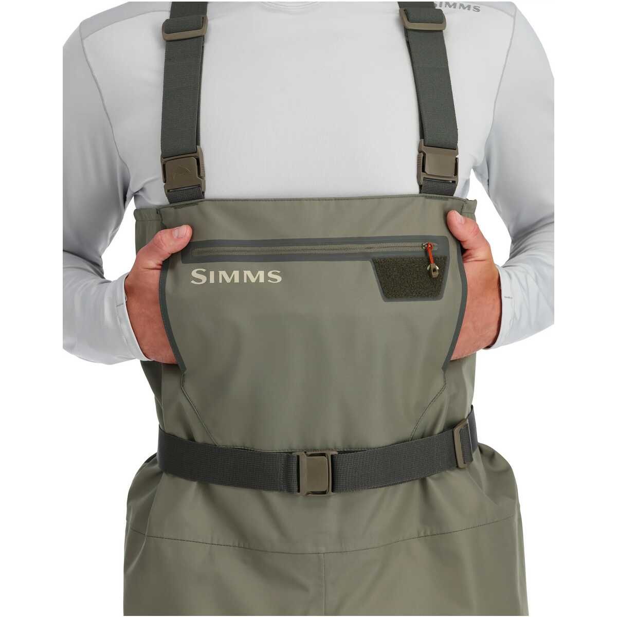 Green waders with 'Simms' branding on a white background