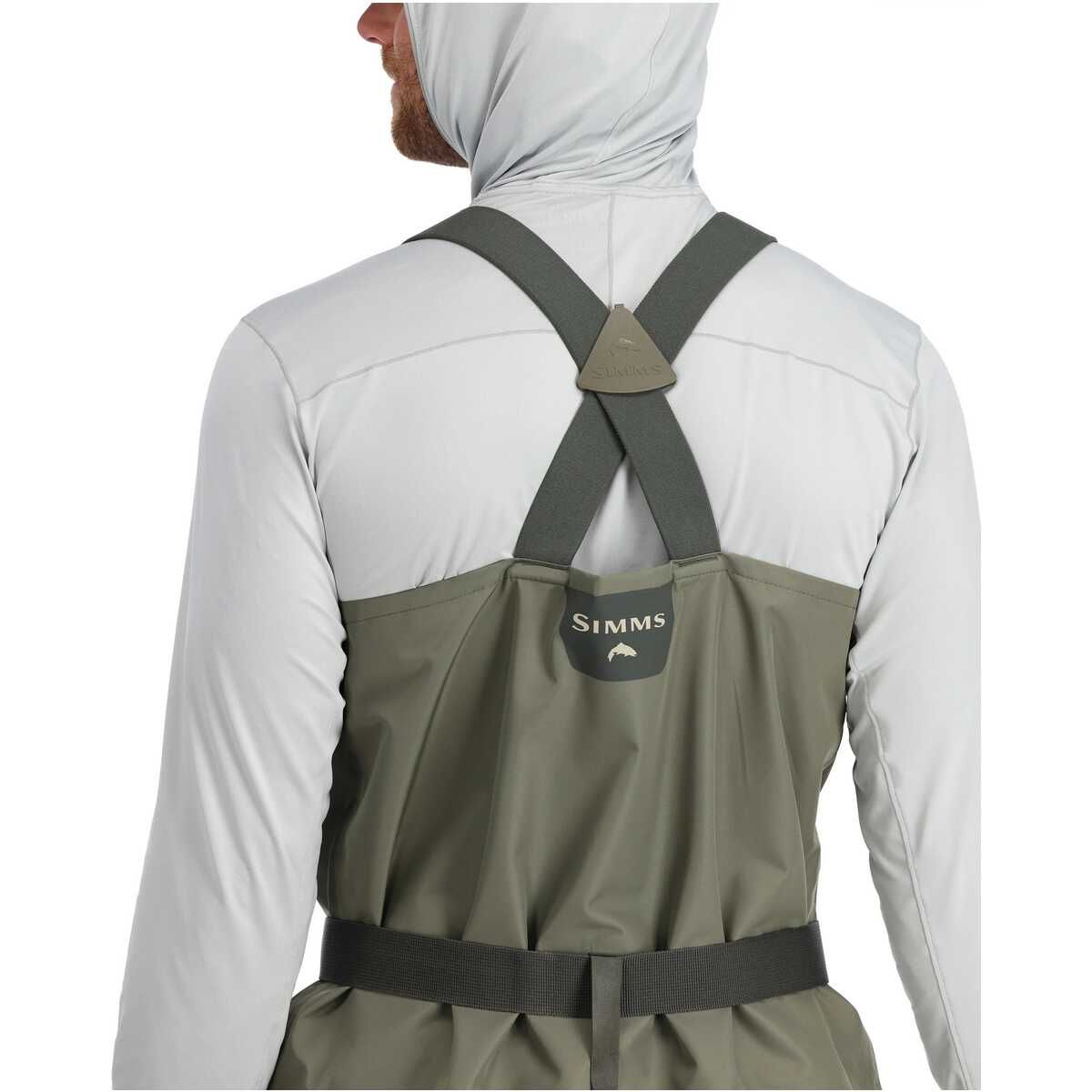 Person wearing a green and gray waders with a hood on a white background