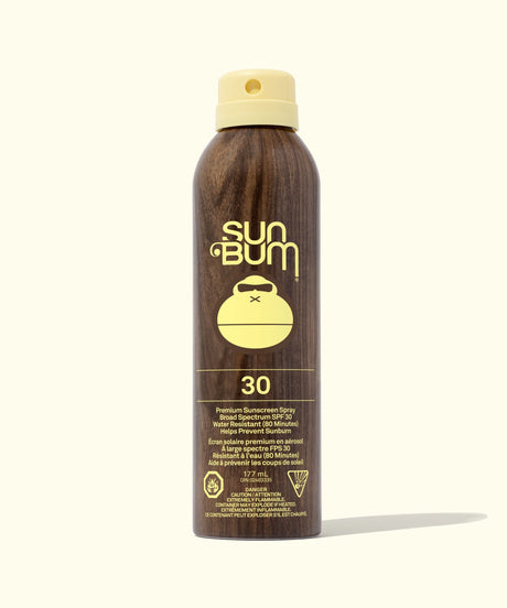 Sun Bum sunscreen spray bottle on a white background