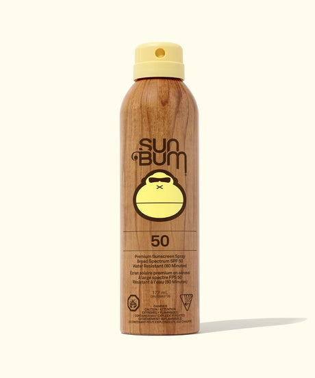 Sun Bum sunscreen spray bottle on a white background