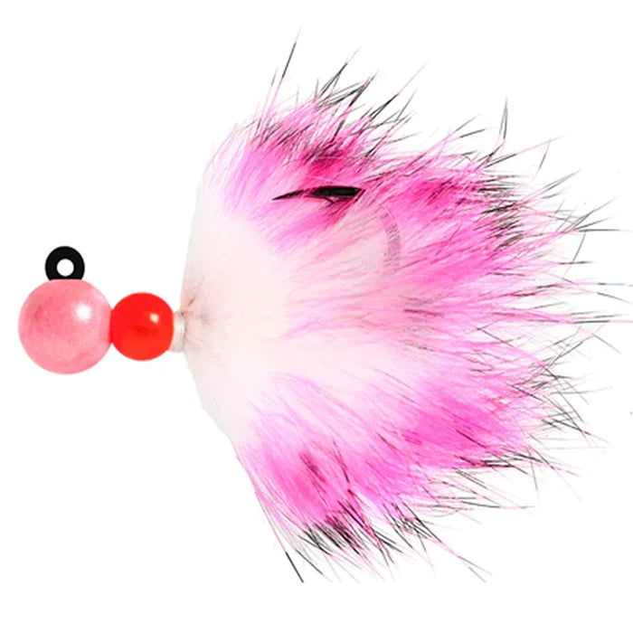 Aerojig Rabbit Bead Jig in pearl pink and white with pink tip, marabou tail and double bead head for salmon fishing