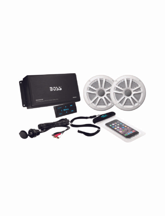 Boss 500 Watt/4 Channel Bluetooth Amplifier w/Pair Marine Speakers & USB Cable