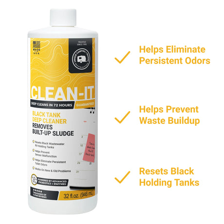 Clean-it black tank deep cleaner bottle with features listed on a white background