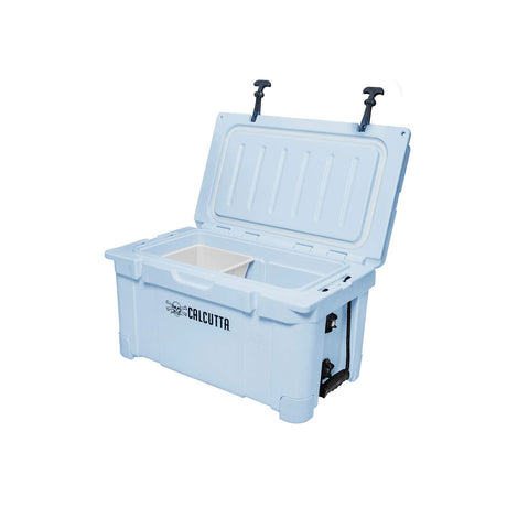 Light blue cooler box with open lid on a white background - 35L