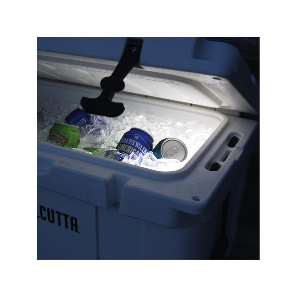 Blue cooler with open lid showing ice and drinks, featuring the brand 'CUTTA'.