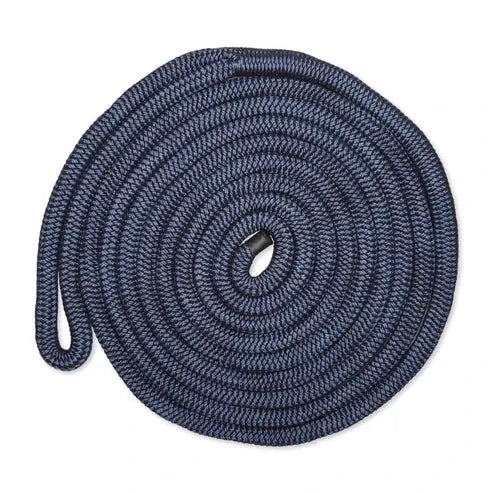 Coiled blue rope on a white background
