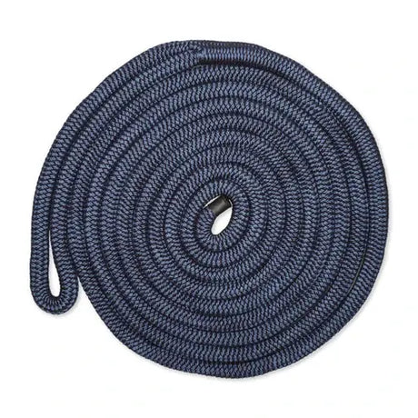 Coiled blue rope on a white background