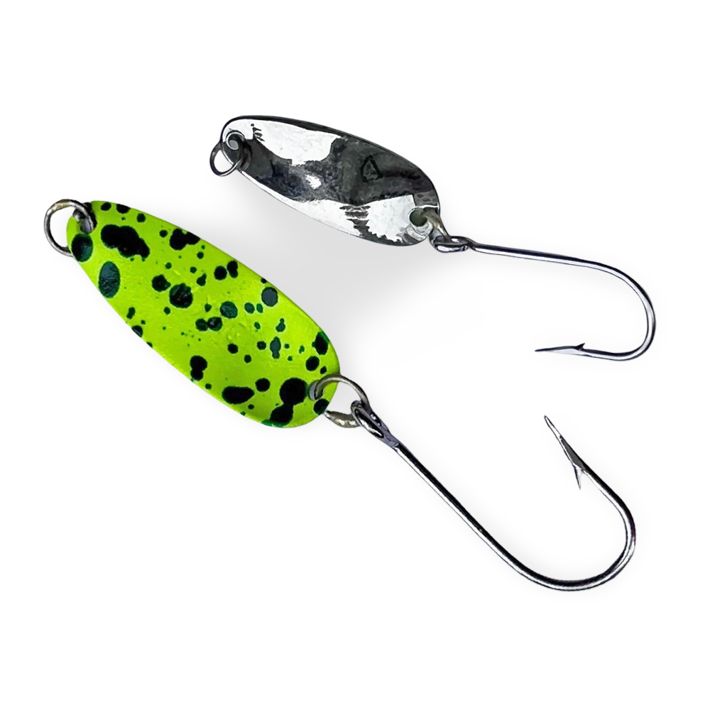 Dick Nite spoon in Frog pattern with bright chartreuse green body and black spots, nickel back finish and single siwash hook