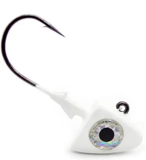 Fishing lure with a white body and black eye on a white background