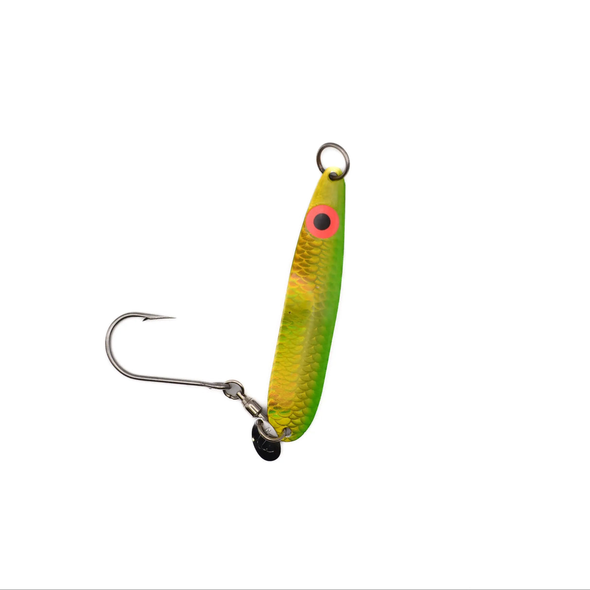 Fishing lure with a green body and red eye on a white background