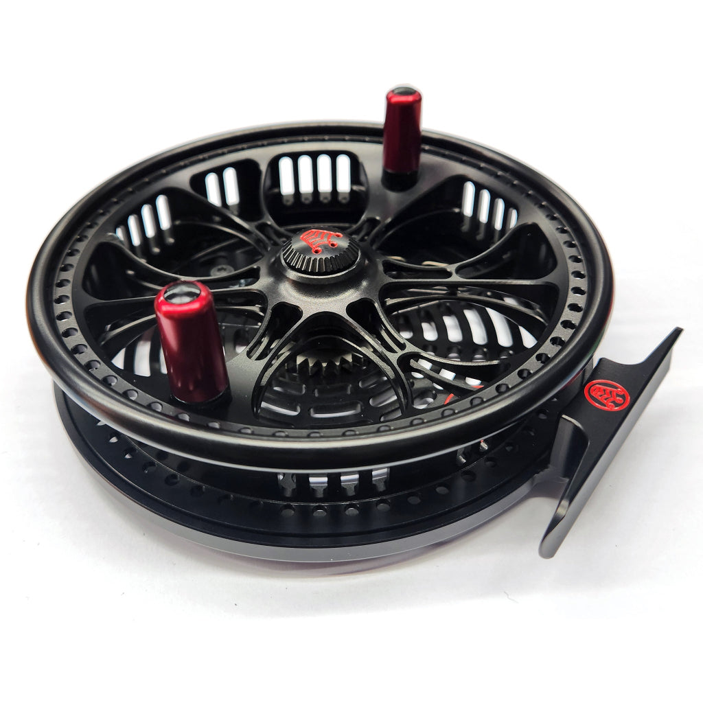 Kingpin Zeppelin Aero 500 Centerpin Reel - Special Edition Black with Red Solid Handles