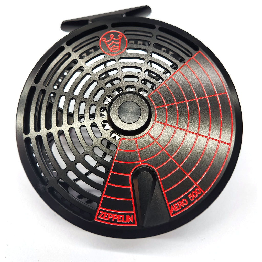 Kingpin Zeppelin Aero 500 Centerpin Reel - Special Edition Black with Red Solid Handles