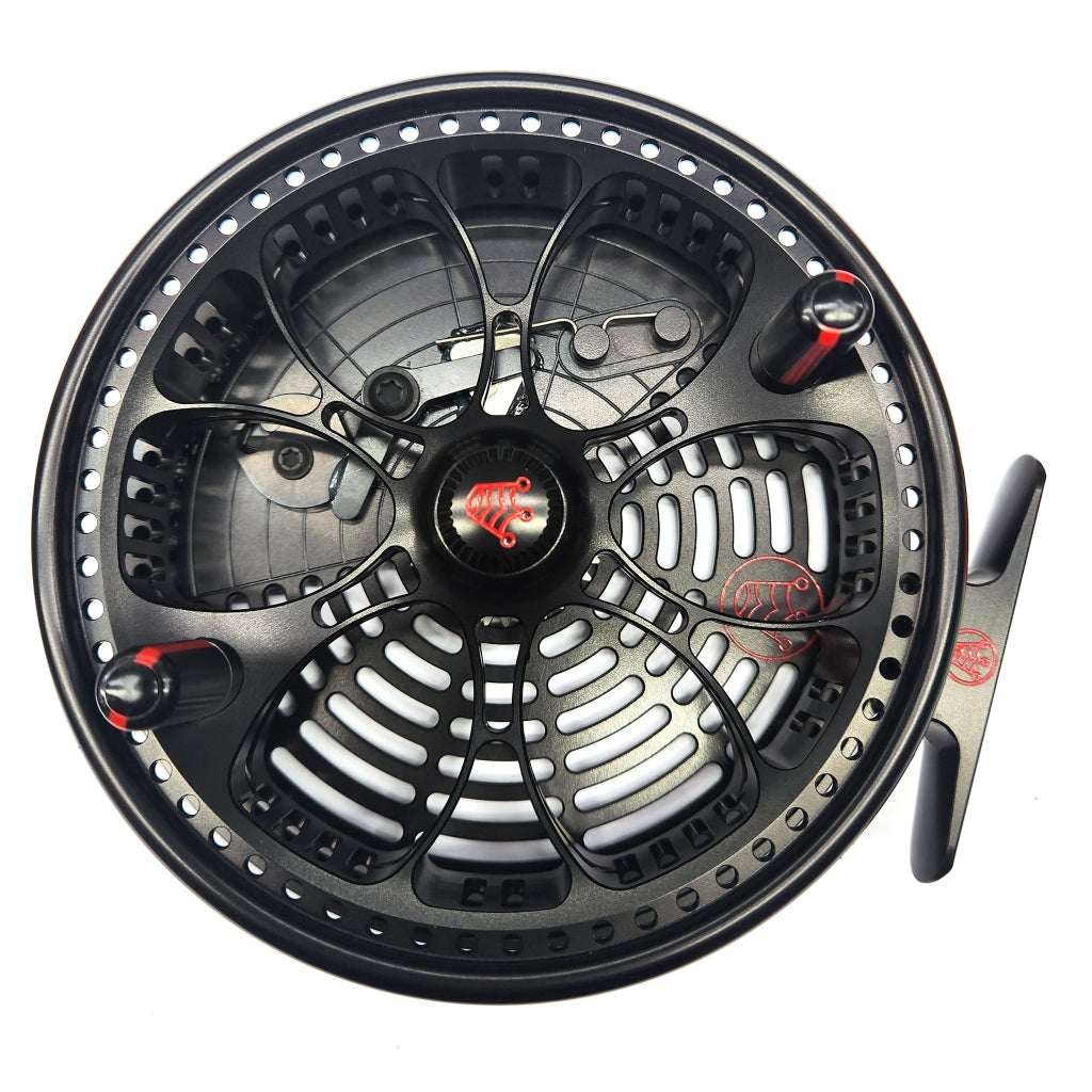 Kingpin Zeppelin Aero 500 Centerpin Reel - Special Edition Black with Red Stripe Handles