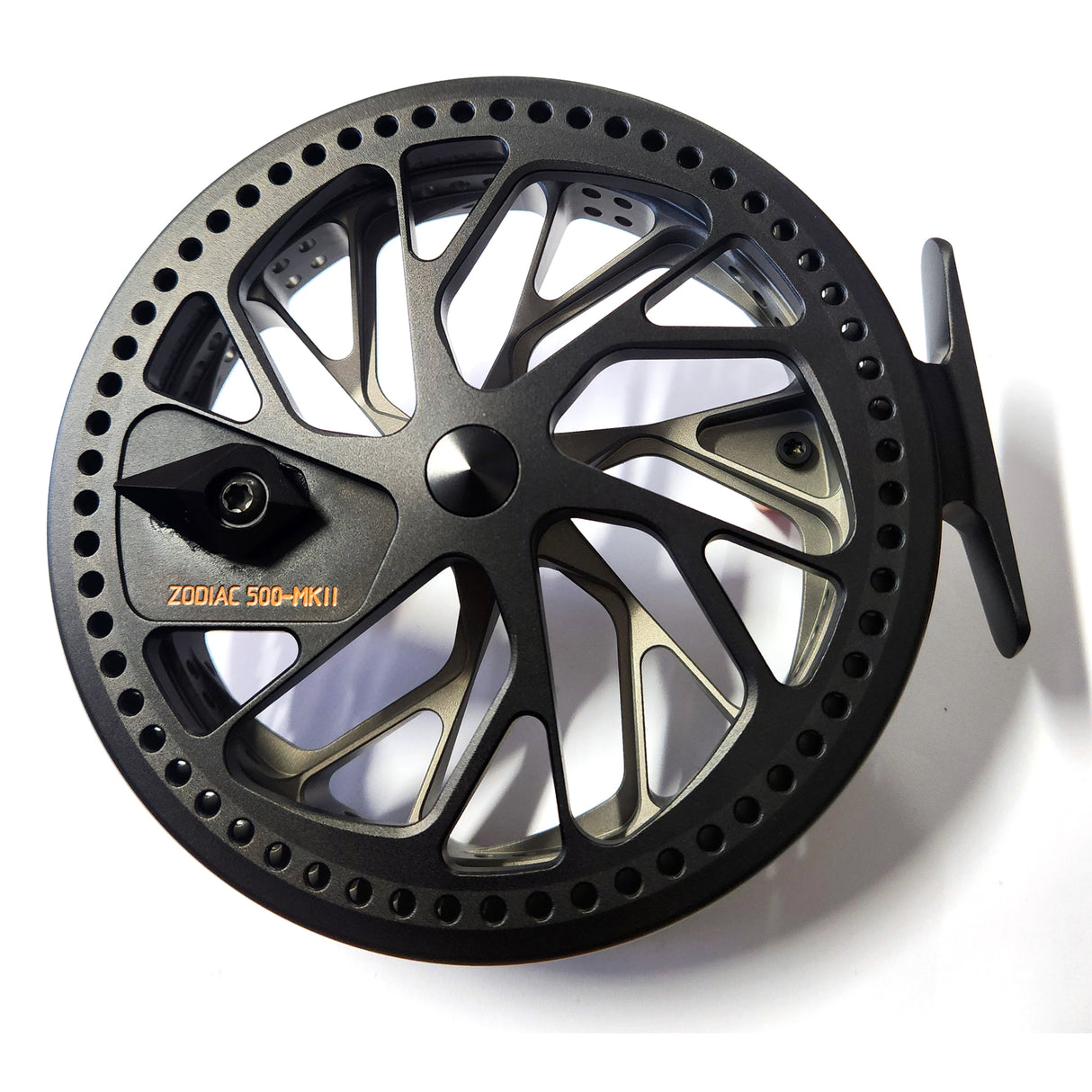 Kingpin Zodiac 500 Centerpin Reel - Gray & Black with Orange Highlights