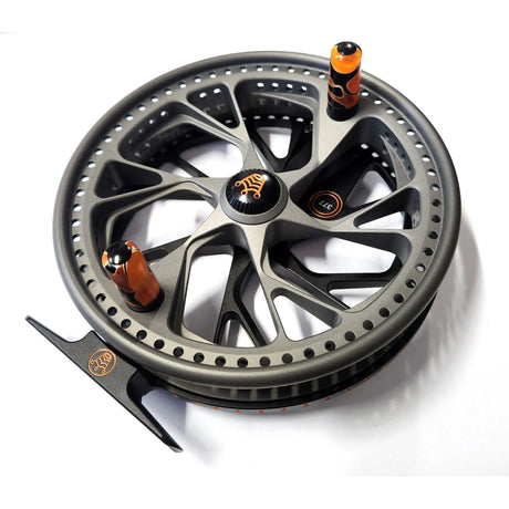 Kingpin Zodiac 500 Centerpin Reel - Gray & Black with Orange Highlights Kingpin