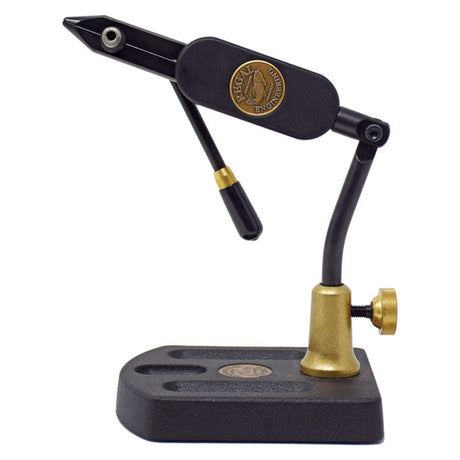 Black and gold metal stand with a logo on a white background