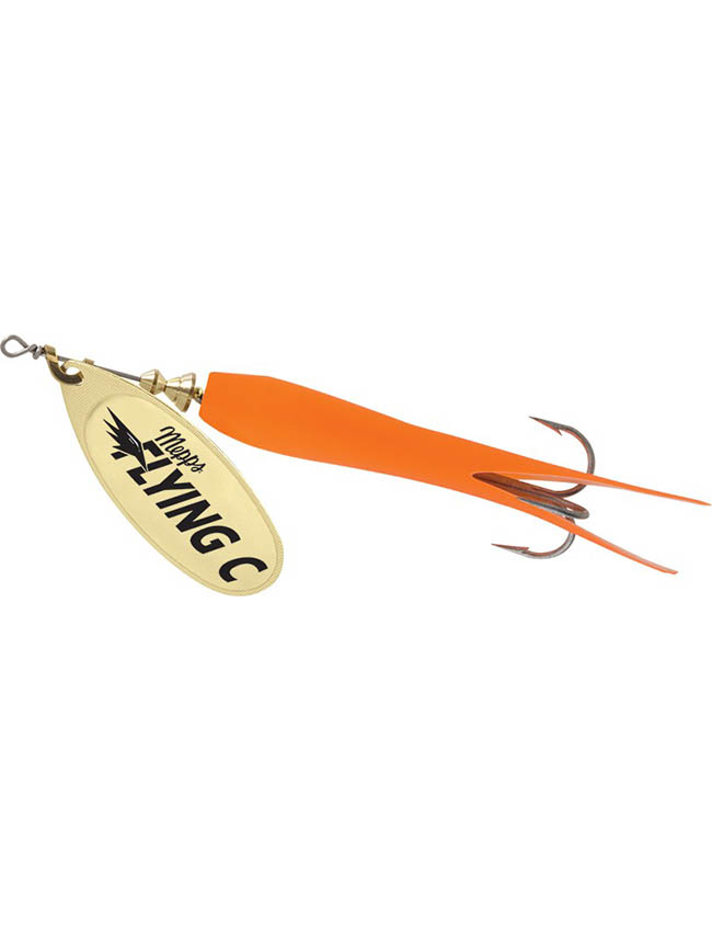 Mepps Flying C Lure - Hot Orange Sleeve & Gold Blade - 5/8oz with Treble & Single Hook