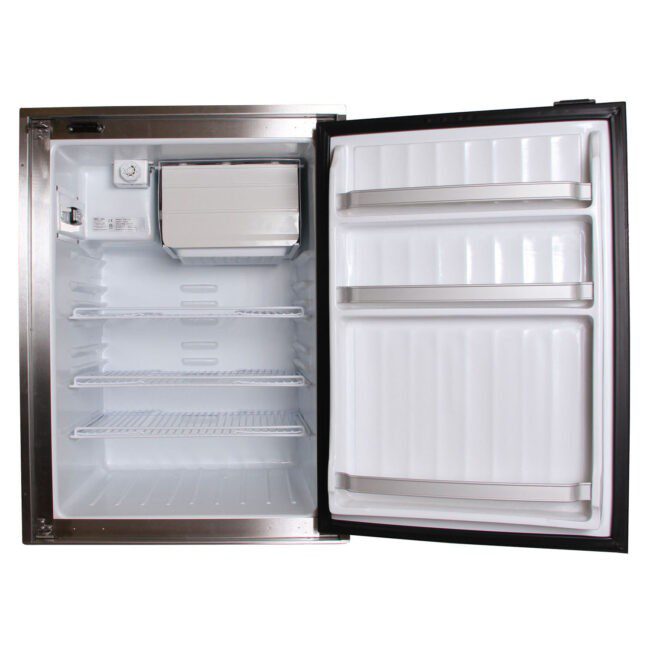 Empty refrigerator with open door on a white background
