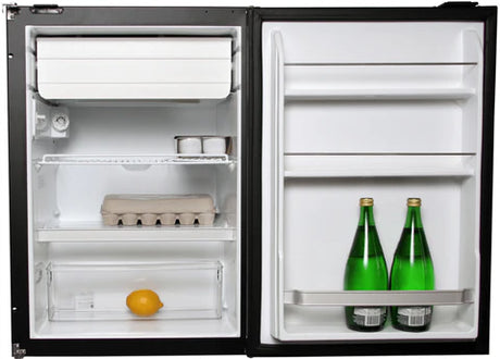 Small refrigerator with open doors showing interior shelves and items.