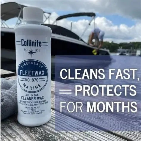 Collinite Fleetwax No. 870 marine cleaner wax bottle on dock with boat, cleans and protects fiberglass