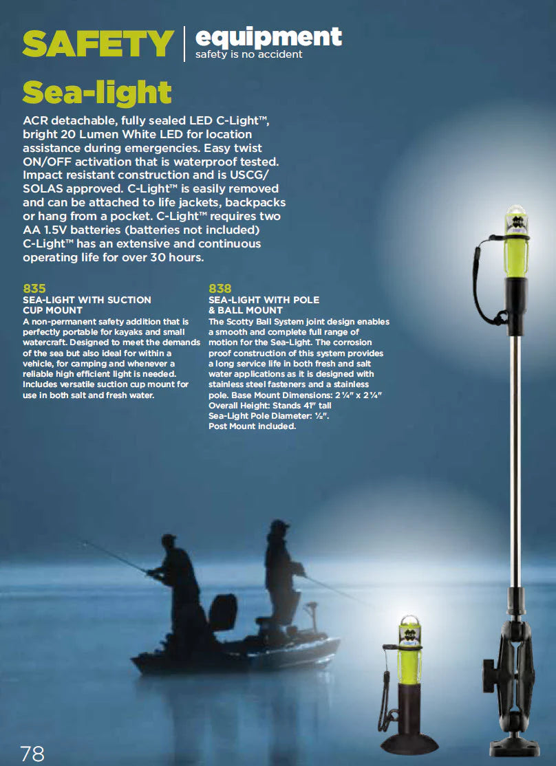 ACR Sea-Light marine emergency LED safety light with pole and ball mount shown illuminated for low-light boating safety use